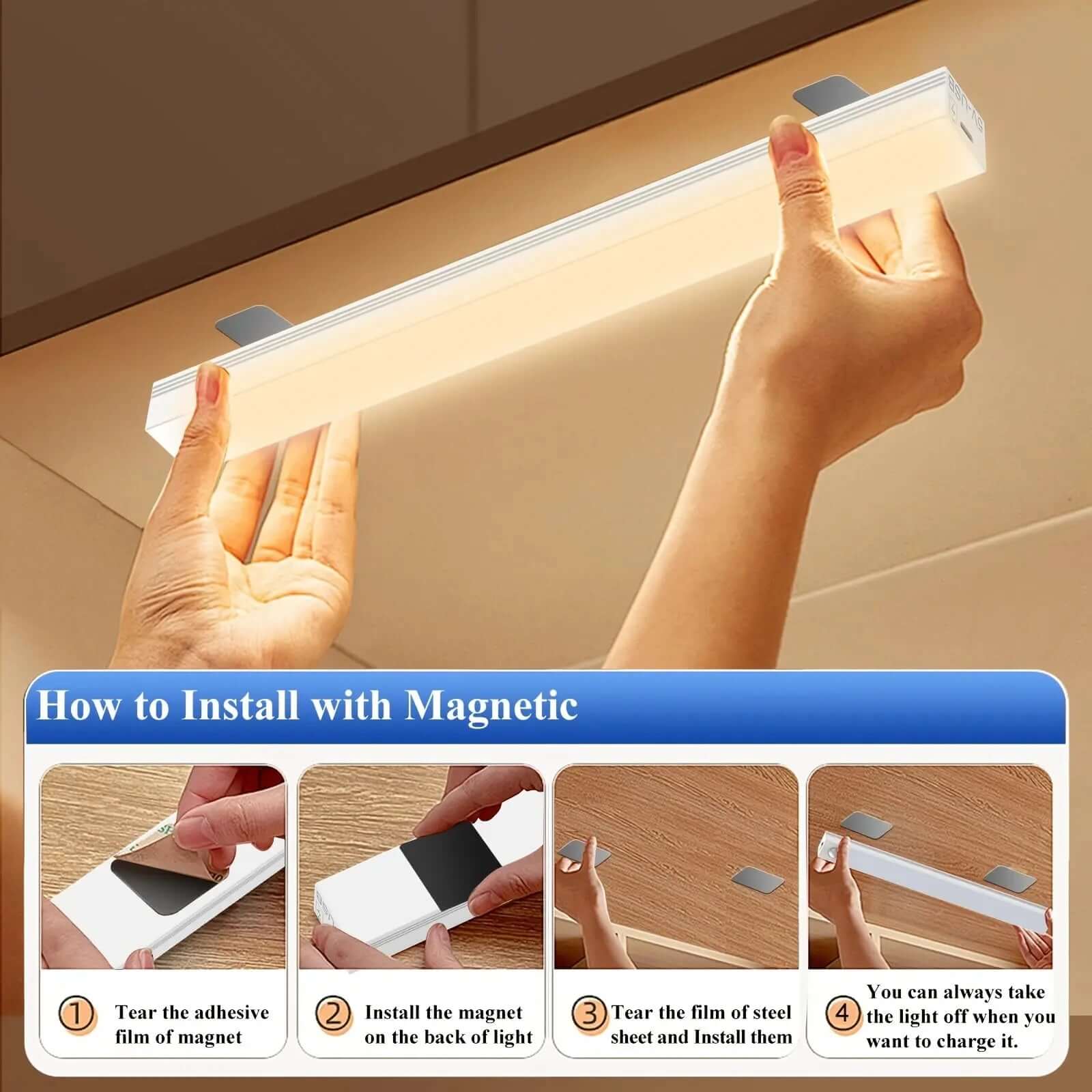 Instructions for installing a magnetic motion light with adhesive film, featuring step-by-step images for ease of use.