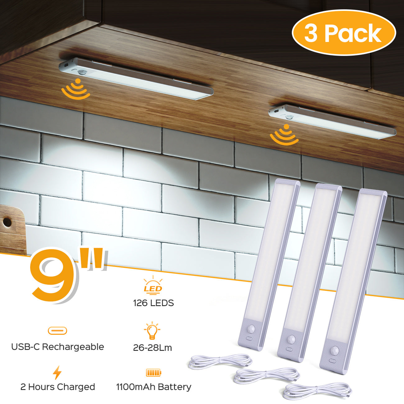 JACKYLED 3 Pack 6000K Under Cabinet Lights, 126 LED Rechargeable Battery Operated Motion Sensor Light Indoor, Magnetic Dimmable Closet Lights, Wireless Under Counter Lights For Kitchen, Stairs tableandwalllamps