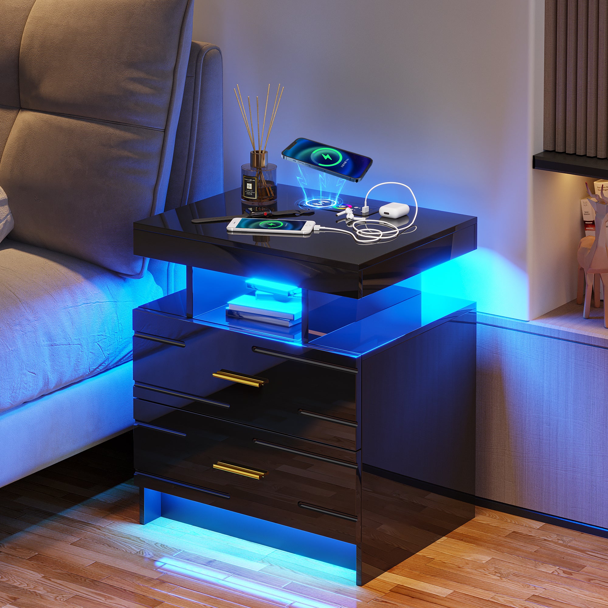 HWB LED Nightstand with Motion Sensor Lights, Modern Bedside Table with Wireless Charging Station, Smart Night Stand with Drawers/ RGB Lights, High Gloss Bed Side Table for Bedroom/ Living Room tableandwalllamps