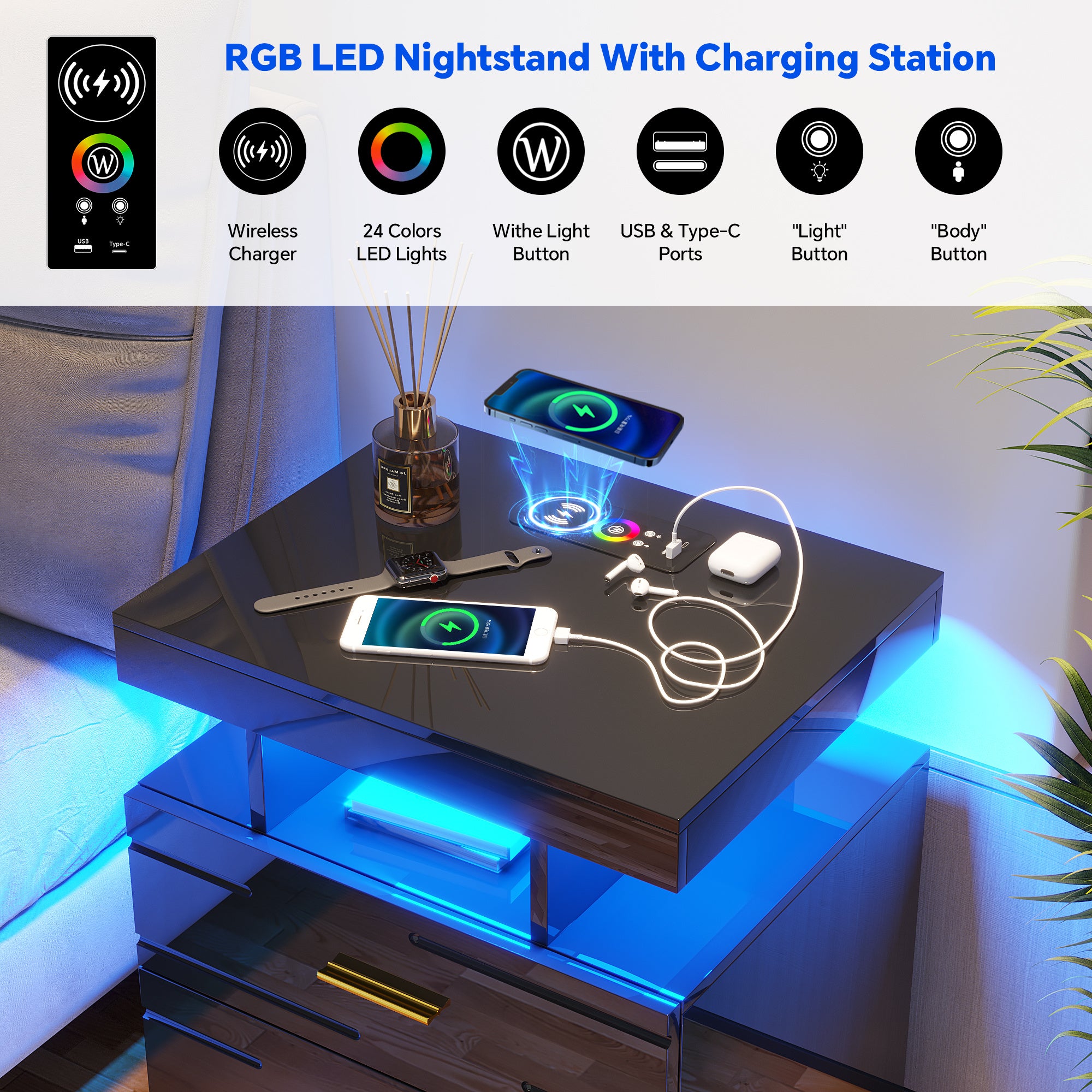 HWB LED Nightstand with Motion Sensor Lights, Modern Bedside Table with Wireless Charging Station, Smart Night Stand with Drawers/ RGB Lights, High Gloss Bed Side Table for Bedroom/ Living Room tableandwalllamps