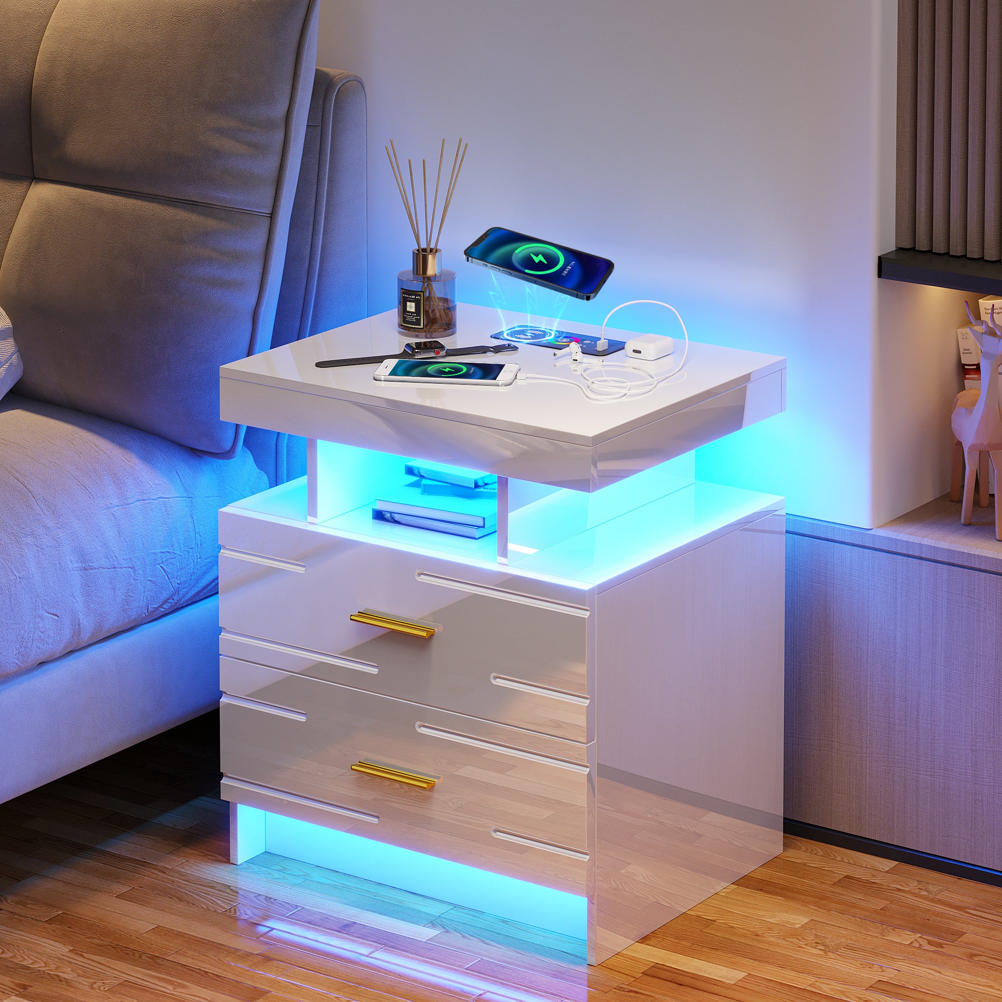 HWB LED Nightstand with Motion Sensor Lights, Modern Bedside Table with Wireless Charging Station, Smart Night Stand with Drawers/ RGB Lights, High Gloss Bed Side Table for Bedroom/ Living Room tableandwalllamps