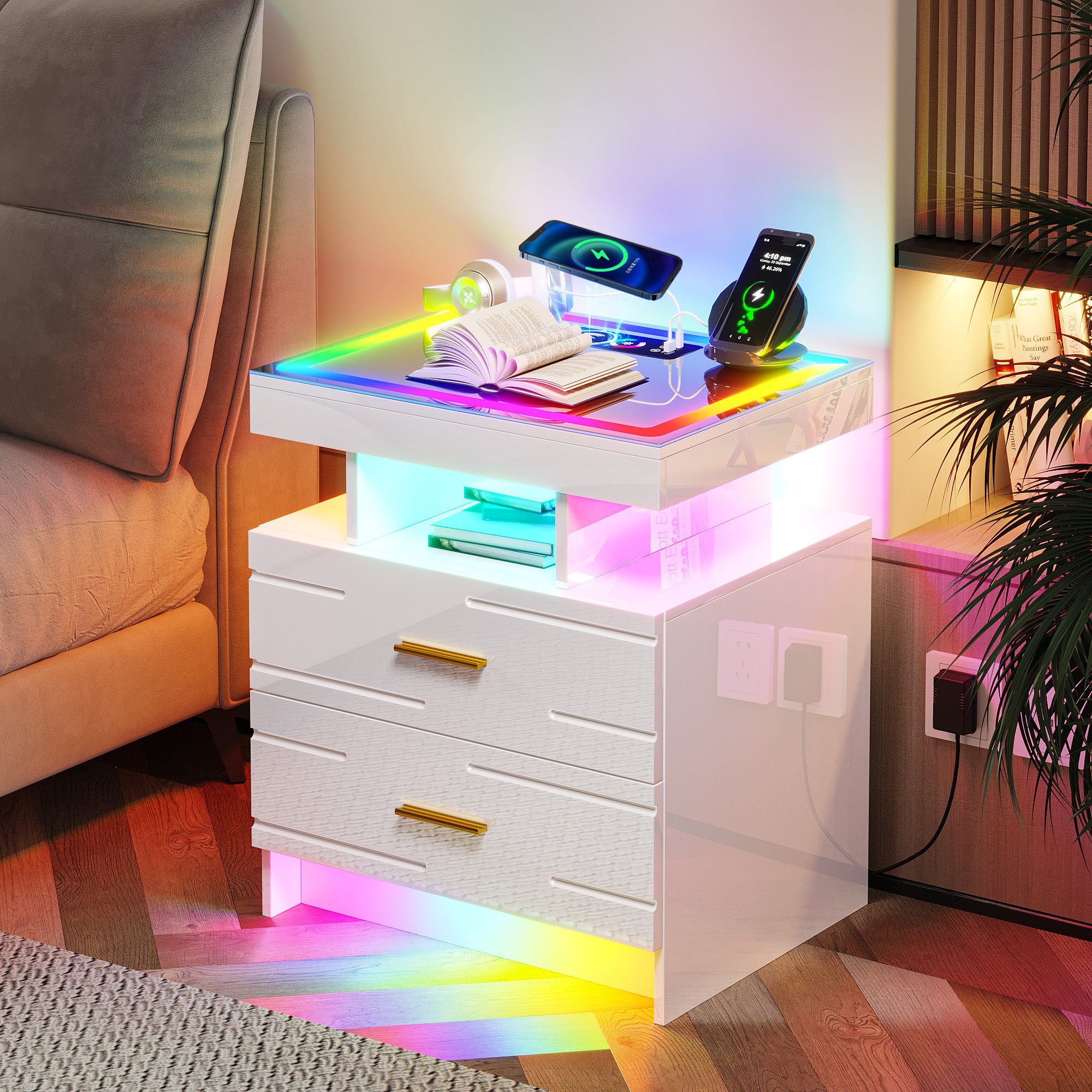 HWB LED Nightstand with Motion Sensor Lights, Modern Bedside Table with Wireless Charging Station, Smart Night Stand with Drawers/ RGB Lights, High Gloss Bed Side Table for Bedroom/ Living Room tableandwalllamps