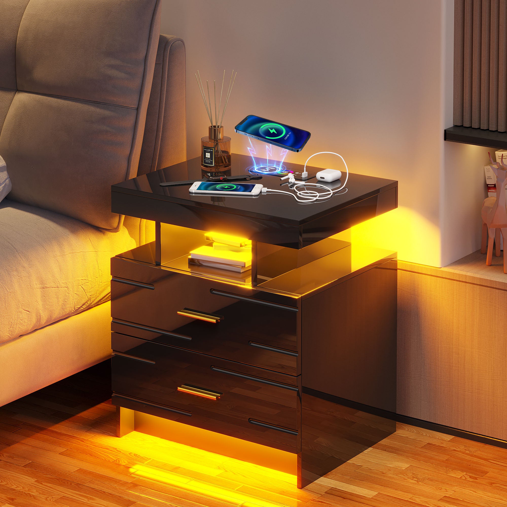 HWB LED Nightstand with Motion Sensor Lights, Modern Bedside Table with Wireless Charging Station, Smart Night Stand with Drawers/ RGB Lights, High Gloss Bed Side Table for Bedroom/ Living Room tableandwalllamps