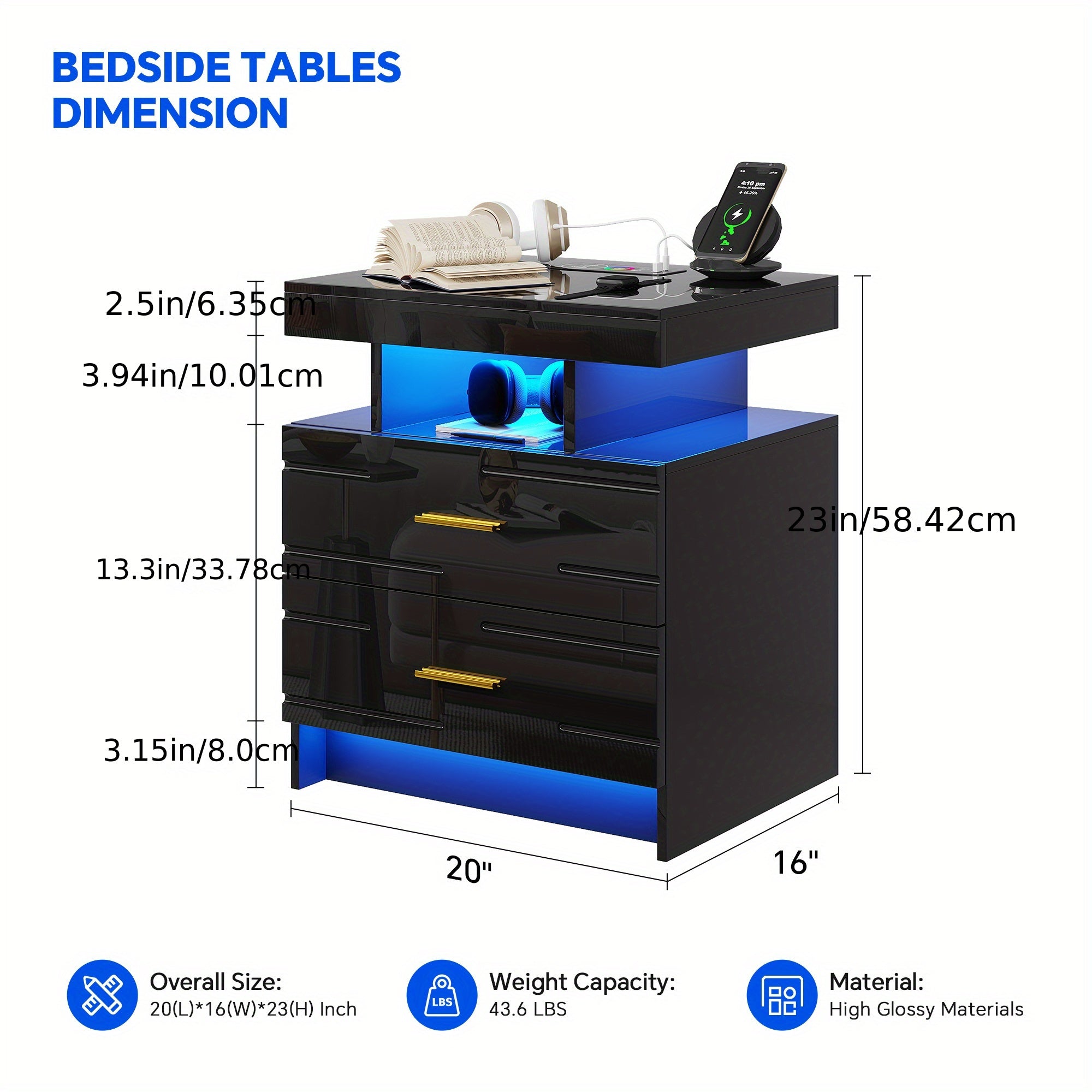 HWB LED Nightstand with Motion Sensor Lights, Modern Bedside Table with Wireless Charging Station, Smart Night Stand with Drawers/ RGB Lights, High Gloss Bed Side Table for Bedroom/ Living Room tableandwalllamps