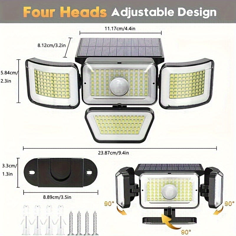 1pcs Solar Outdoor Light, 278LED 3000LM Motion Sensor Light 6500K Solar Light, 4 Heads Security Flood Light, 300° Wide Angle Wall Light With 3 Modes Suitable For Garden Yard Pathway Garage Street Light tableandwalllamps