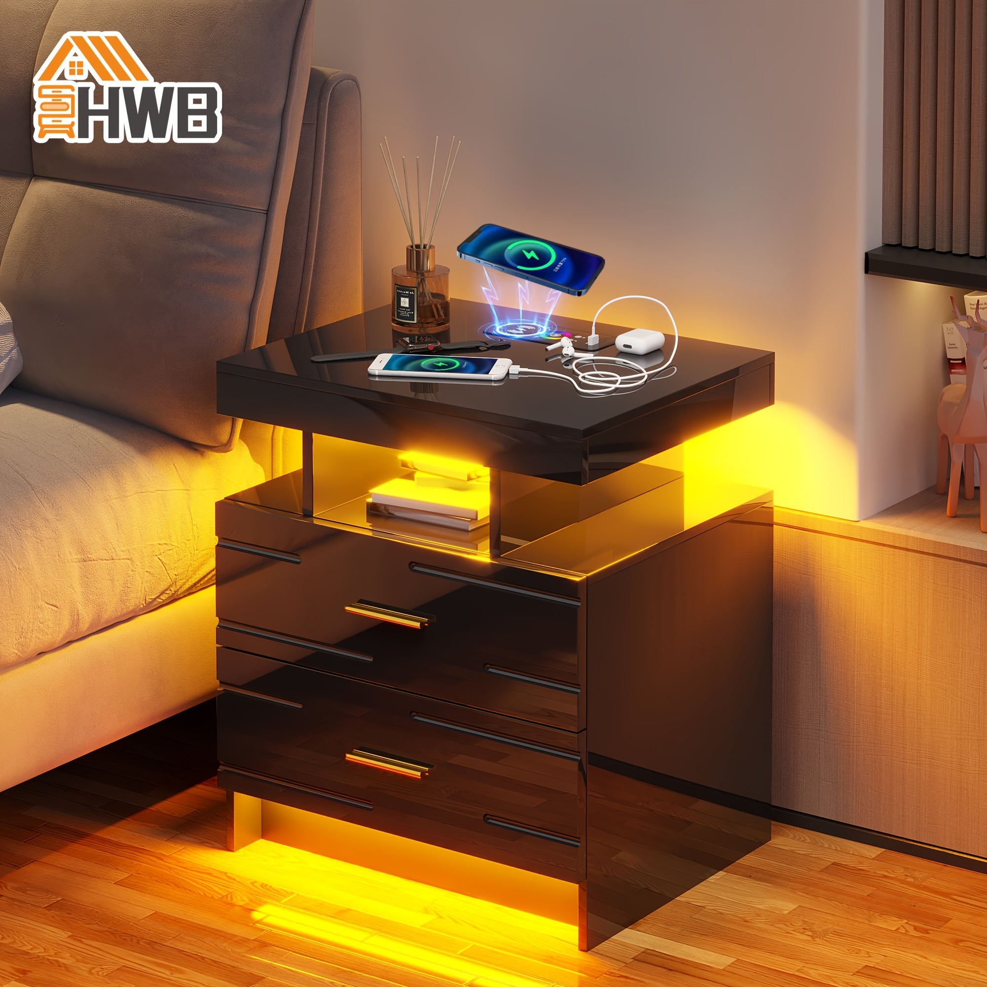 HWB LED Nightstand with Motion Sensor Lights, Modern Bedside Table with Wireless Charging Station, Smart Night Stand with Drawers/ RGB Lights, High Gloss Bed Side Table for Bedroom/ Living Room tableandwalllamps