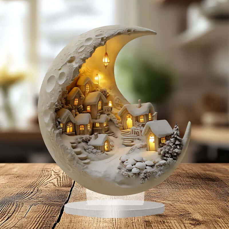 1pc Art Deco Acrylic Crescent Moon Scene with Moonlit Village - Unique Bohemian Style Snow Scenery Tabletop Decor, Light Gray Texture, Versatile for Home, Office, Coffee Shop - English Text, Collectible Decoration tableandwalllamps