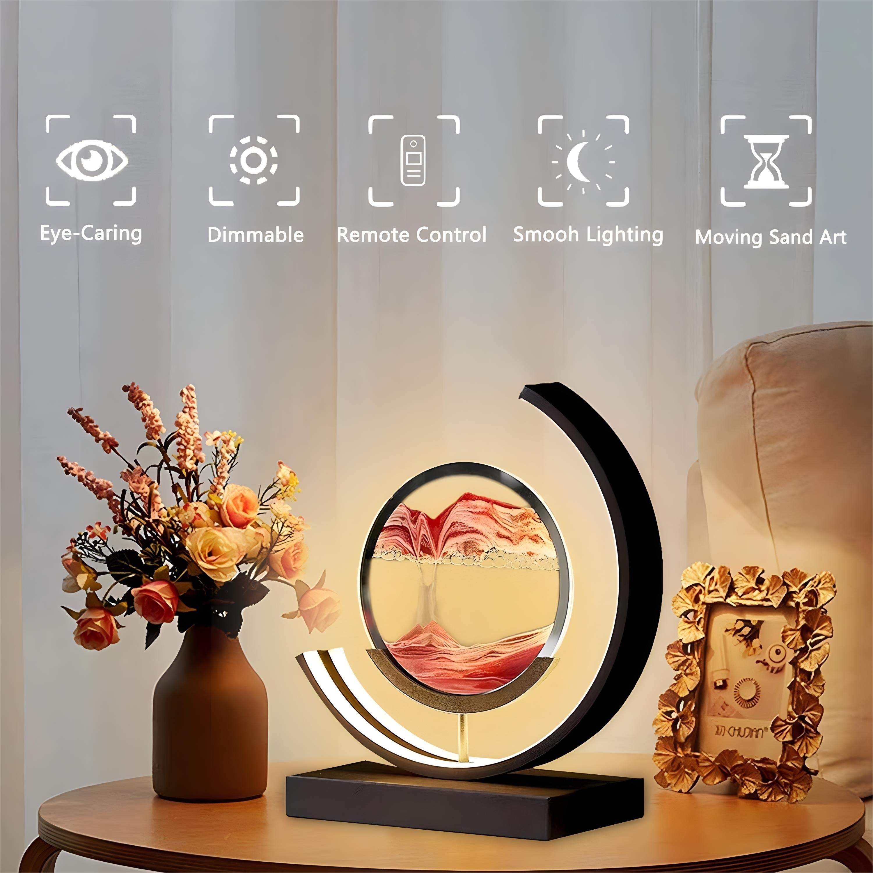 3D Moving Sand Art Lamp - Dimmable Aluminum Alloy Night Light with Remote, 3 Color Temperature Settings, Decorative Round Desk Sand Picture for Relaxation, Home & Office Decor, Suitable for Ages 14+ tableandwalllamps