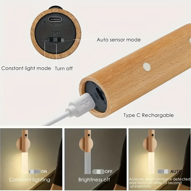 2pcs LED Wooden Sensor Night Light With Motion Sensor Wall Sconce, USB Rechargeable Dimmable 3 Color Temperature, Magnetic Mount For Bedroom Bedside, Closet, Cabinet, Staircase tableandwalllamps