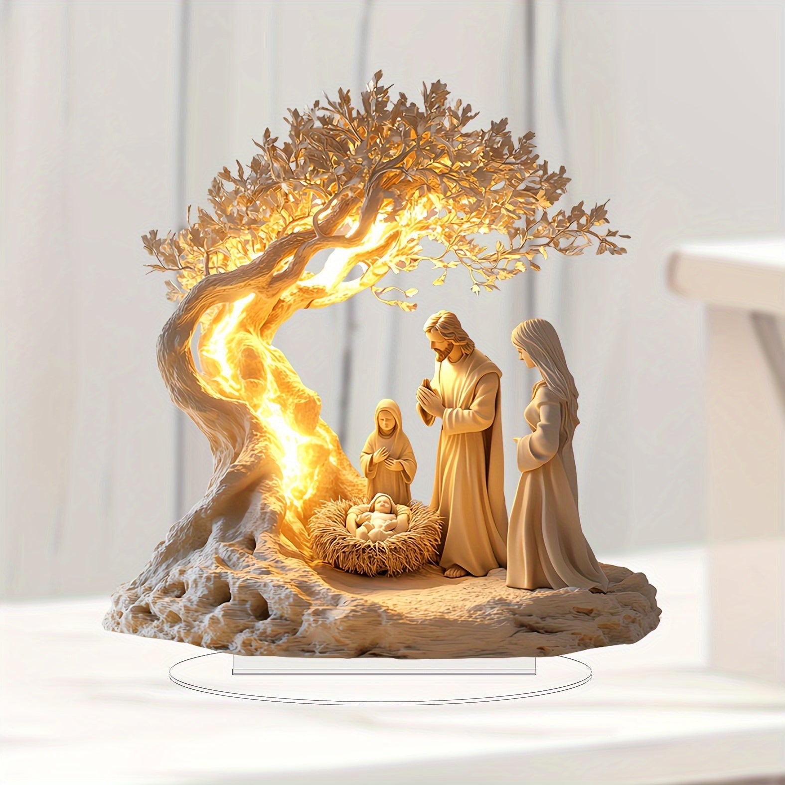 Classic acrylic nativity scene tabletop decor featuring a warm illuminated design, ideal for holiday decoration and gifting.