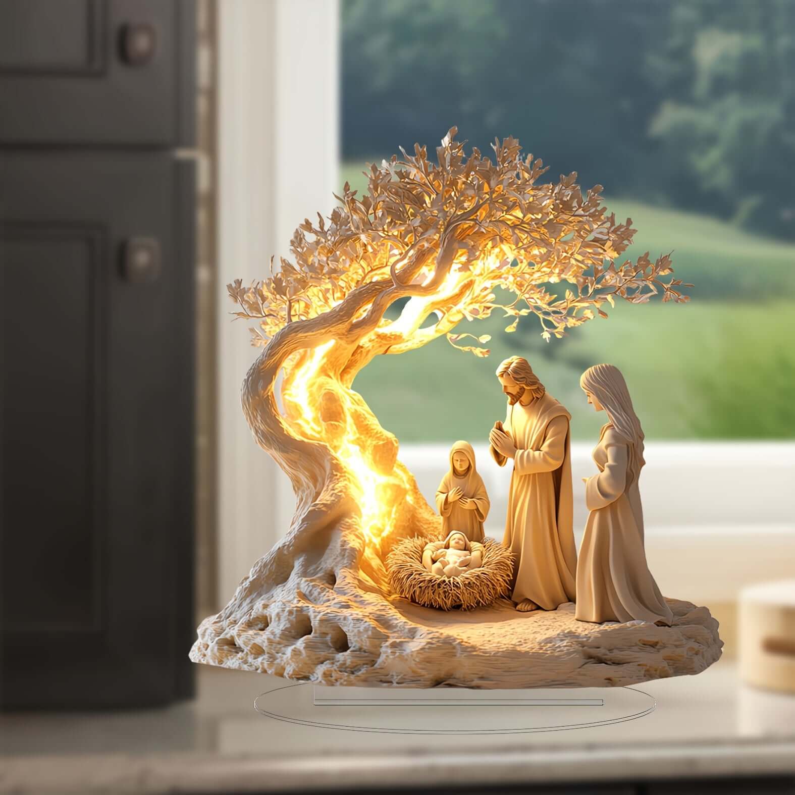 Classic acrylic nativity scene tabletop decor with illuminated tree, perfect for holiday decoration and gifting.