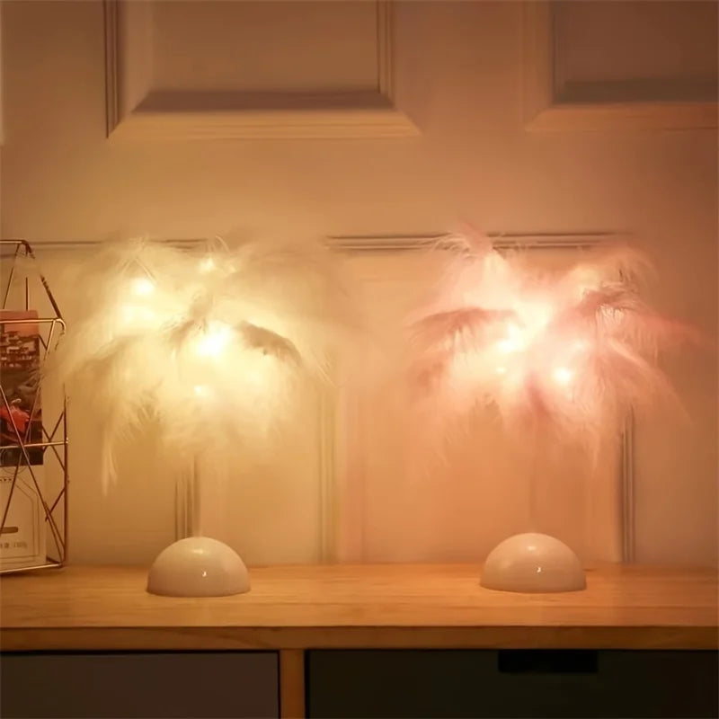 Creative Feather Table Lamp Warm White Light Tree Feather Lampshade Girl LED Wedding Decorative Lights Birthday Gift Home Decor tableandwalllamps