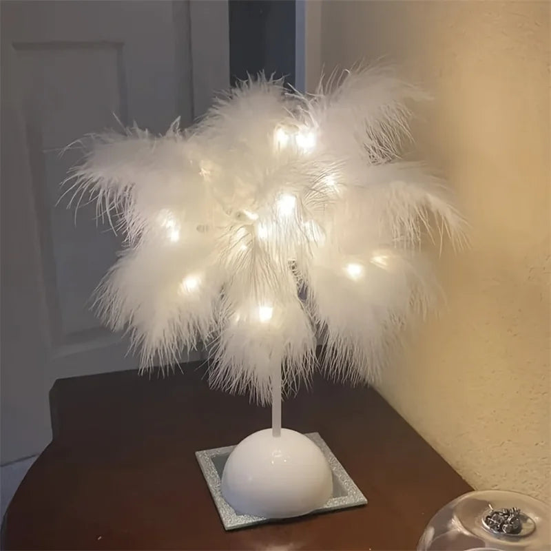 Creative Feather Table Lamp Warm White Light Tree Feather Lampshade Girl LED Wedding Decorative Lights Birthday Gift Home Decor tableandwalllamps