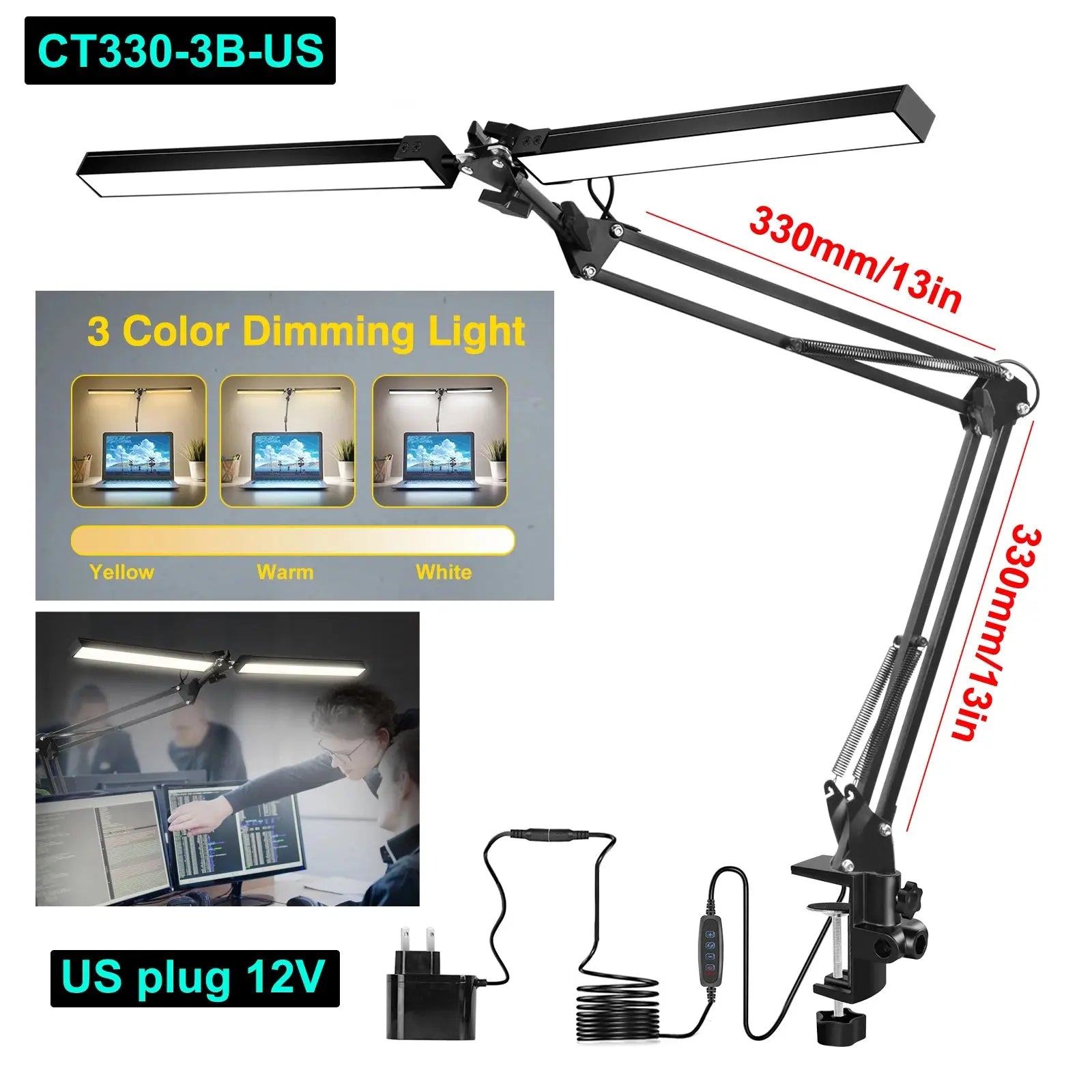 24W LED Desk Lamp for Home Office Dual Swing Arm Eye-Caring Architect Task Lamp Adjustable Foldable Table Lamp 3 Lighting Modes tableandwalllamps