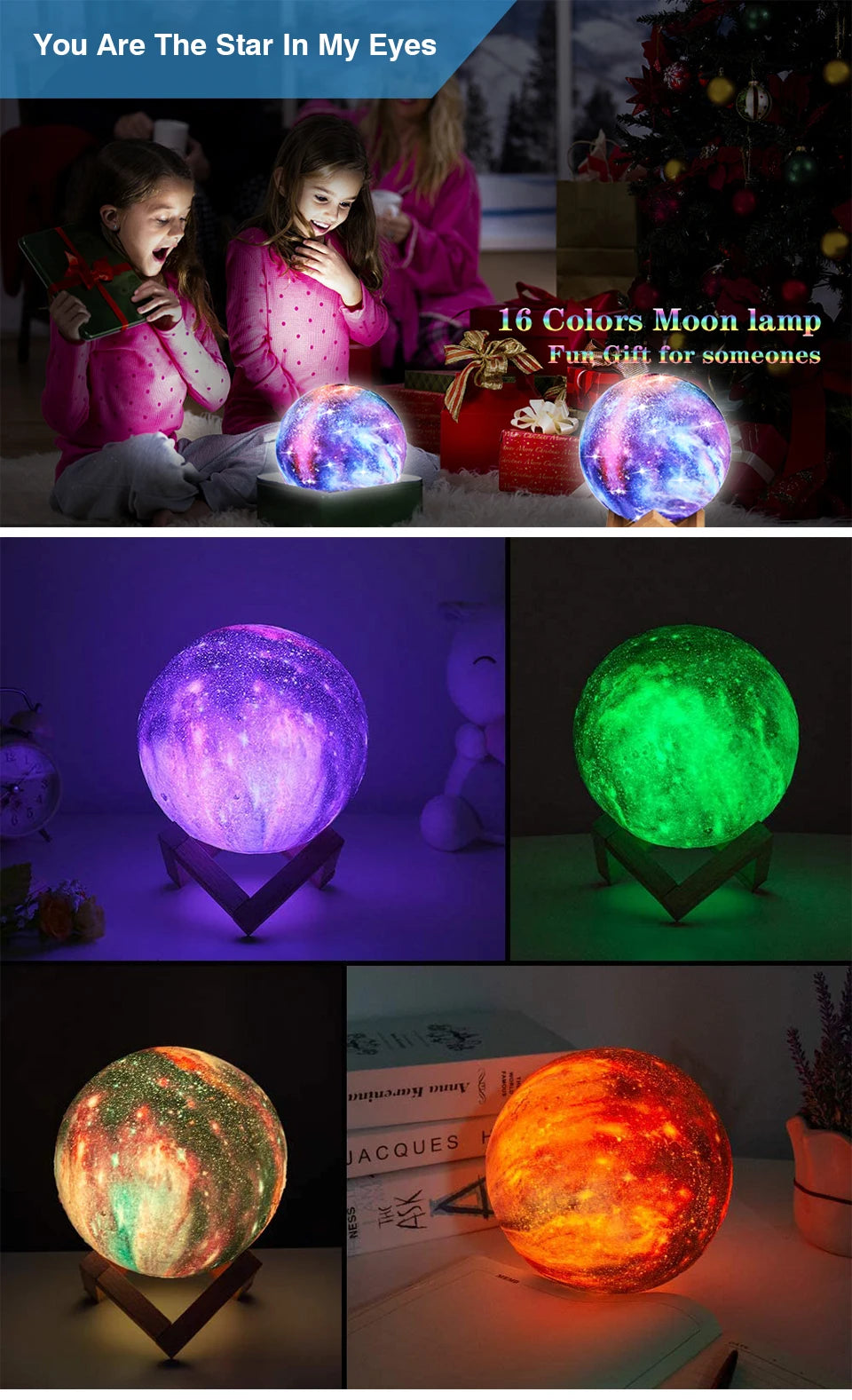 3D Printing Moon Galaxy Lamp Light 16 Color Change Touch And Remote Control Kids Night Light Bedroom Room Decor Home Gifts Lamp tableandwalllamps