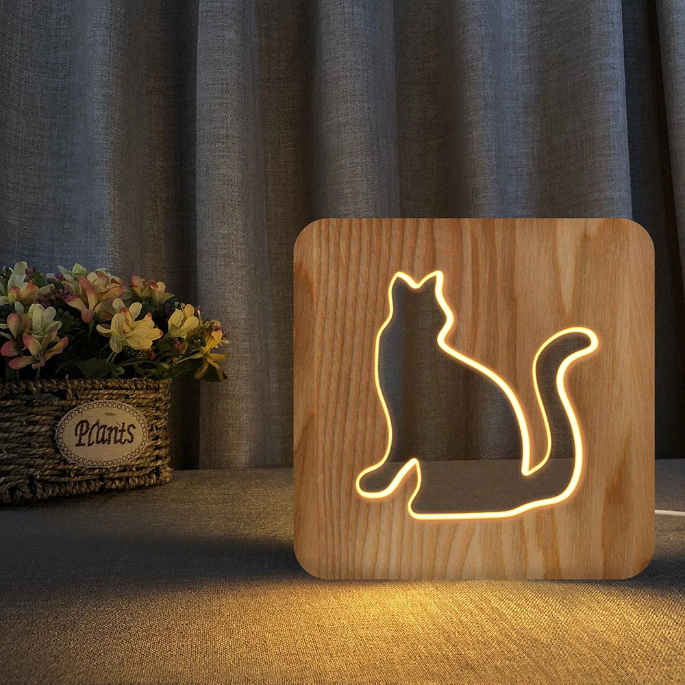 Ins Wooden Lamp Animal Cat Paw Lamp 3D USB LED Table Light Switch Control Wood Carving bed Lamp for Child kids Room Decoration tableandwalllamps