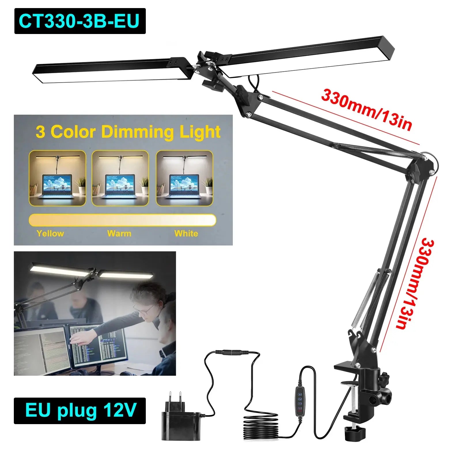 24W LED Desk Lamp for Home Office Dual Swing Arm Eye-Caring Architect Task Lamp Adjustable Foldable Table Lamp 3 Lighting Modes tableandwalllamps