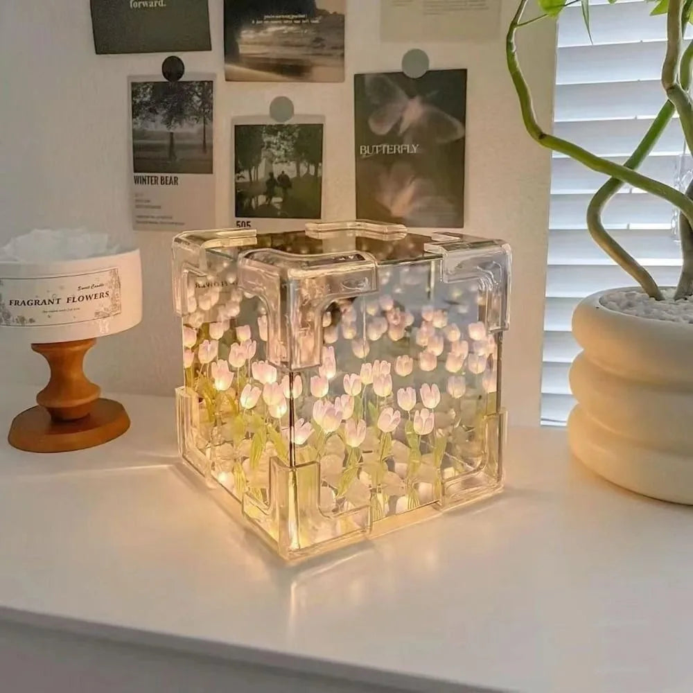 DIY Tulip Mirror Cube Lamp Simulation Flower Bedroom Sleeping Table Lamp Romantic Handmade Craft Night Light Birthday Gift tableandwalllamps