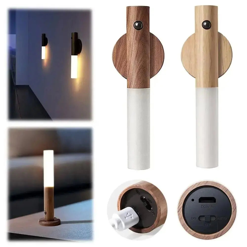 2024Creative Intelligent Auto PIR Motion Sensor LED Rechargeable Magnetic Night Light Wood Wall Light Kitchen Cabinet Light Lamp FASHION VIBES