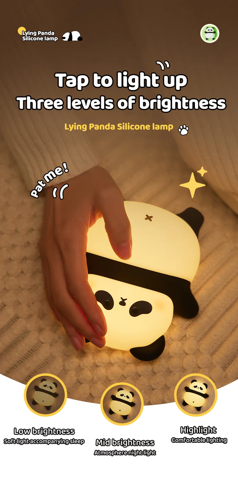 4Styles Panda LED Night Light Cute Silicone Lamp Baby Nursery Touch Sensor Nightlight Rechargeable with 3 Warm Light for Bedroom tableandwalllamps