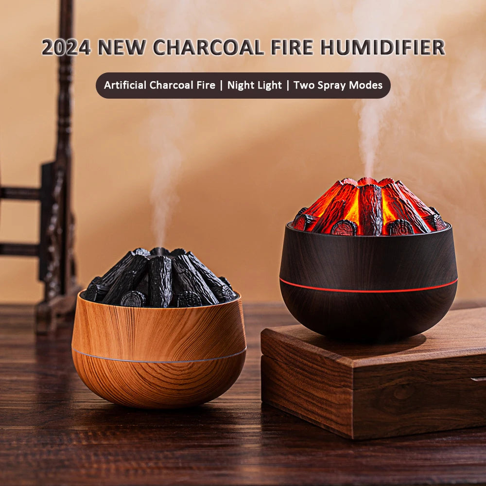 2024 New 300ML Artificial Charcoal Fire Air Humidifier Aroma Diffuser Mist Sprayer Mini Diffuser with Night Light for Home tableandwalllamps