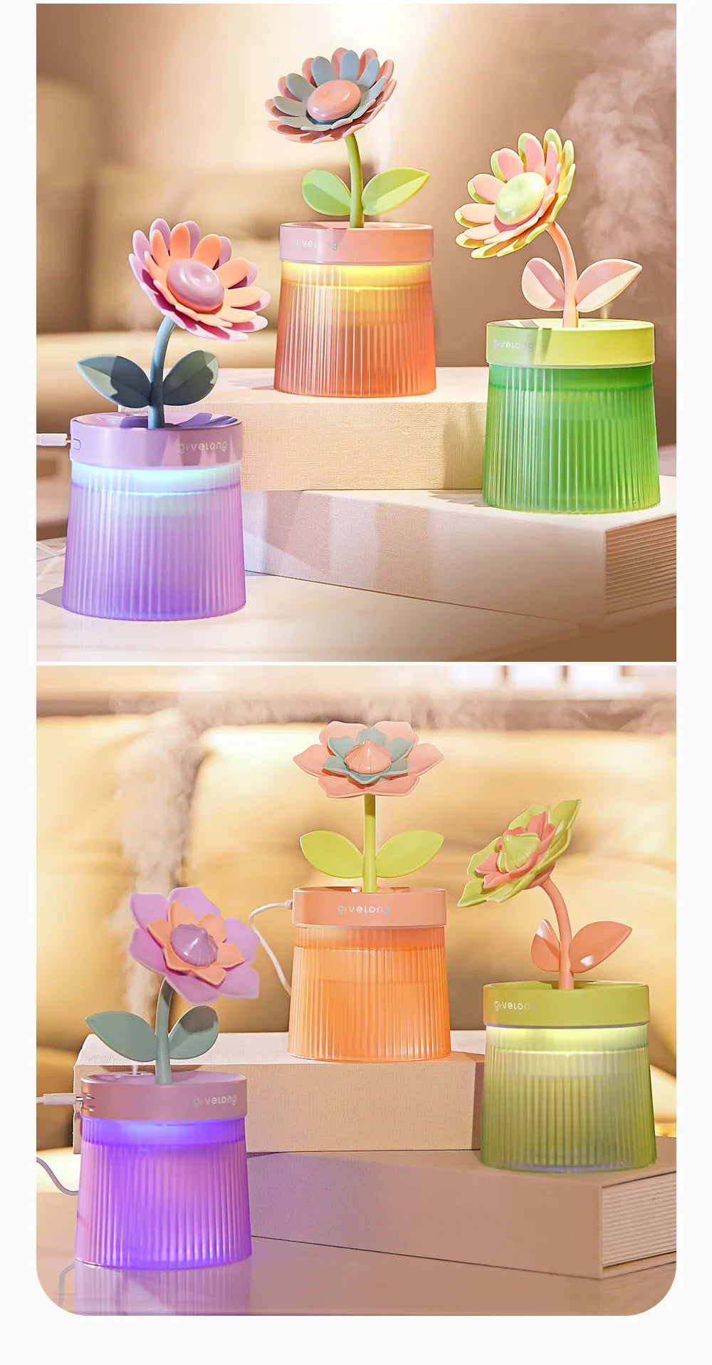 2024 Humidifier Portable USB Ultrasonic Colorful Cup Aroma Diffuser Cool Mist Maker Flower Air Humidifier Purifier With Light tableandwalllamps