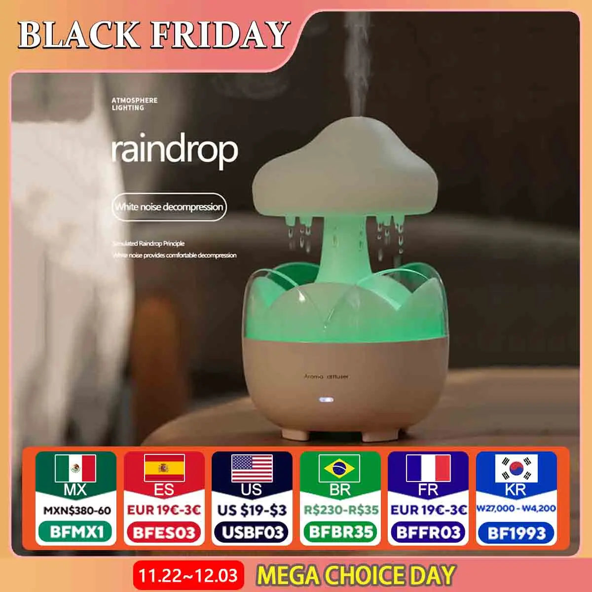 Mushroom Raindrop Air Humidifier Electric Aroma Diffuser Colorful Night Lights Rain Cloud Smell Distributor with Remote Control tableandwalllamps