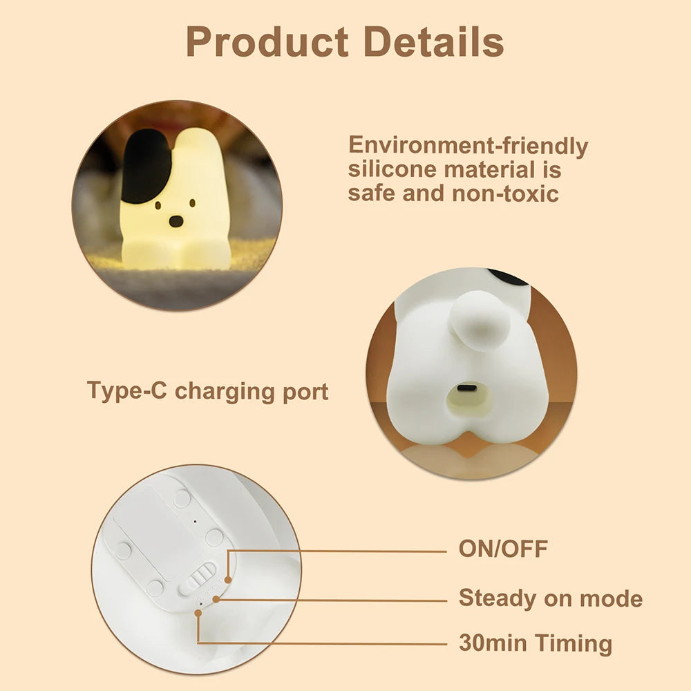 Silicone Cat Dog Night Light USB Rechargeable Nursery Sleeping Lamp Kawaii Bear Cordless Night Lights For Kids Room Decor tableandwalllamps