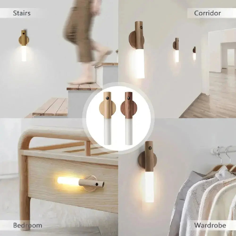 2024Creative Intelligent Auto PIR Motion Sensor LED Rechargeable Magnetic Night Light Wood Wall Light Kitchen Cabinet Light Lamp FASHION VIBES