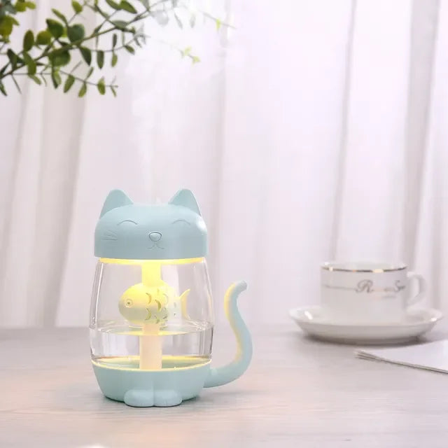 350ML Cat Air Humidifier - Color LED Light - Ultrasonic Cat Eat Fish USB Aroma Diffuser tableandwalllamps