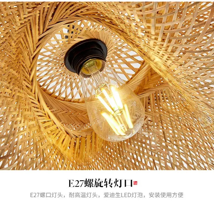 Bamboo Hand Weaving Pendant Light 38cm Hanging LED Ceiling Lamp Chandelier Fixture Rattan Hand Craft Woven Home Bedroom Decor