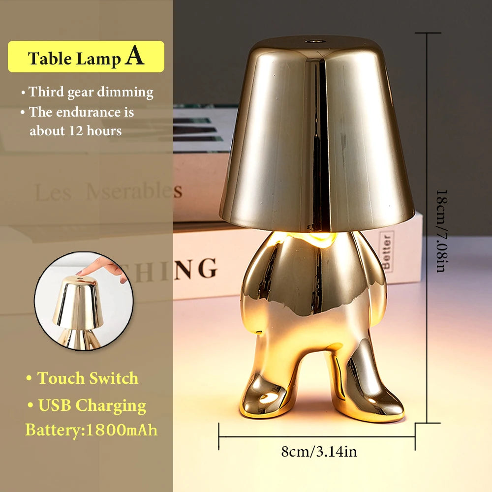 Little Retro ThinkeGolden Man Night Light Bedroom charging Resin Led Touch Control Table Lamp Coffee Bar Decor Cartoon Desk Lamp tableandwalllamps