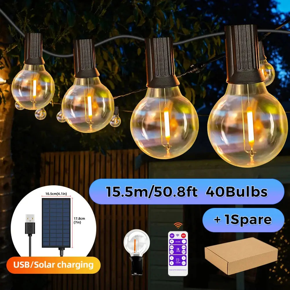 Solar String Lights Outdoor G40 Patio Lights with LED Shatterproof Bulbs,Weatherproof Hanging Lights for Backyard Bistro tableandwalllamps