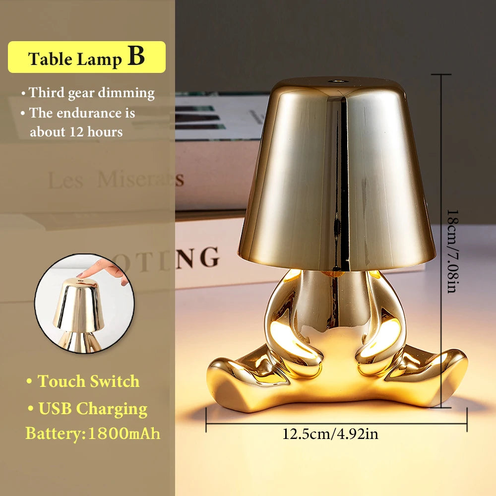 Little Retro ThinkeGolden Man Night Light Bedroom charging Resin Led Touch Control Table Lamp Coffee Bar Decor Cartoon Desk Lamp tableandwalllamps