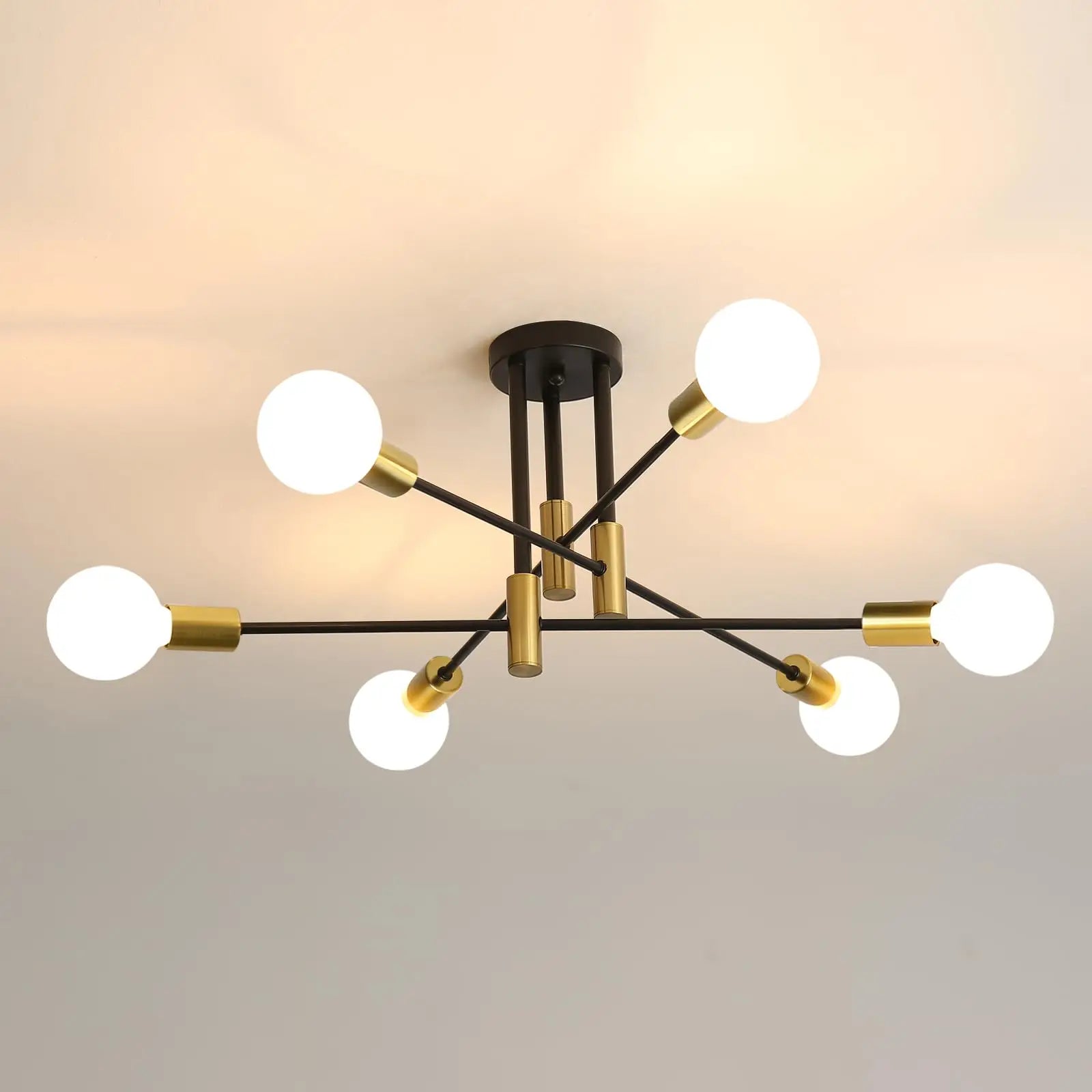 Sputnik Chandelier Mid Century Modern Ceiling Light for Living Room Kitchen Dining Room Bedroom with 6 Lights Black and Gold