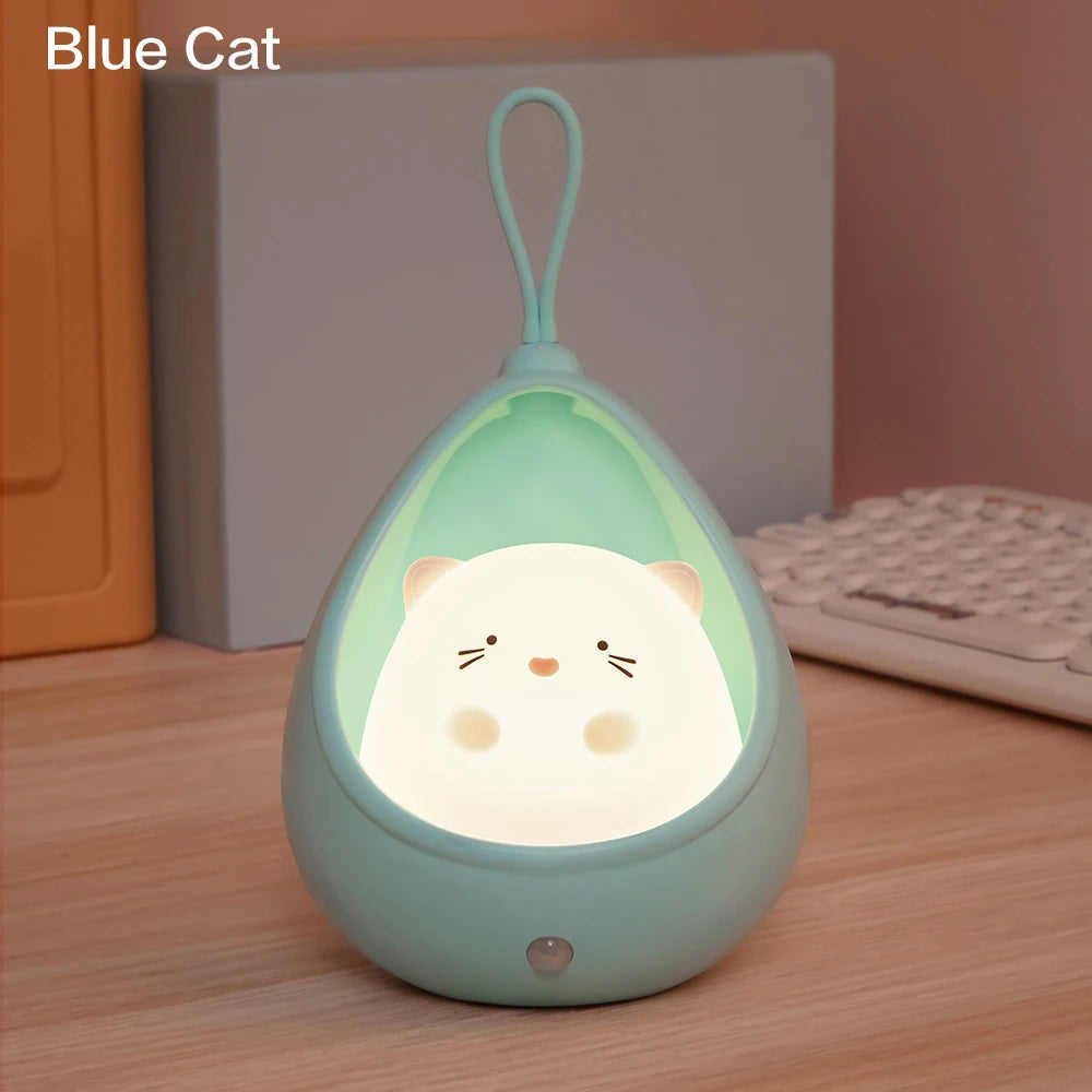 Kids Gift Portable USB Rechargeable Warm White Cute Little Rabbit Cat Motion Sensor LED Wall Night Lamp Light with Hanging Rope tableandwalllamps