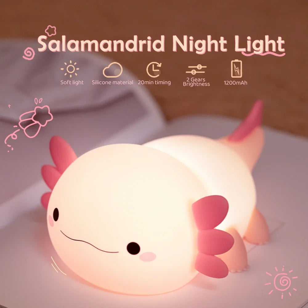 Axolotl Night Light for Kids Animal Silicone Nursery Sleeping Light Portable USB Rechargeable Bedside Lamp For Baby's Room Decor tableandwalllamps