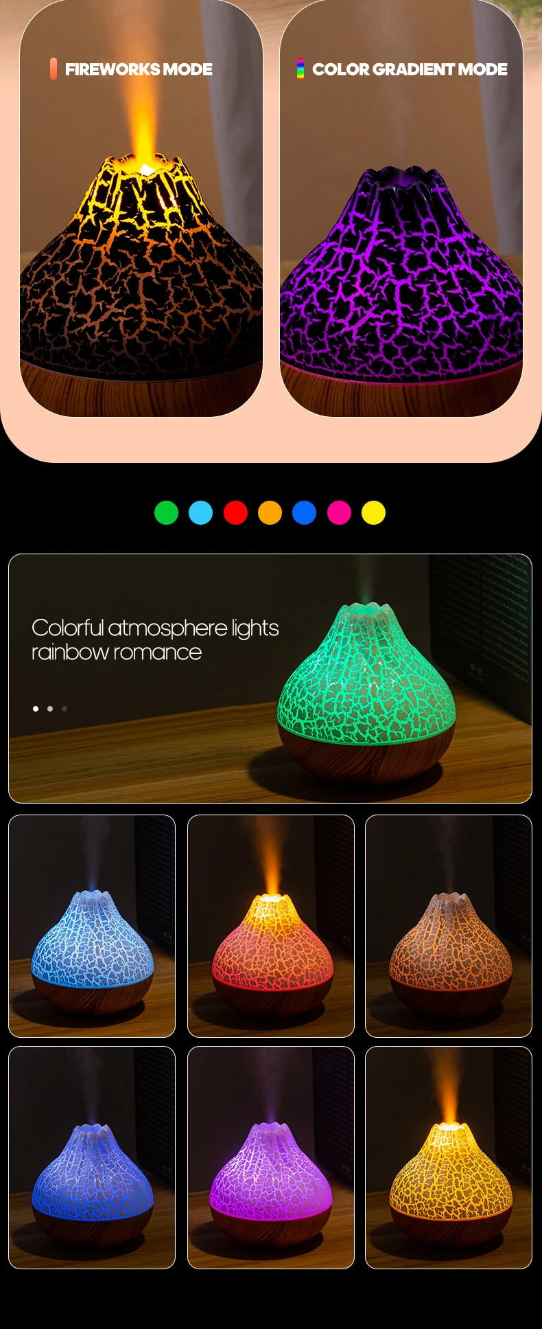 300ml Volcano Air Humidifier Desktop Electric USB Humidificadore Water Mist Diffuser Purifier Air Freshener With 7 Colors Night tableandwalllamps