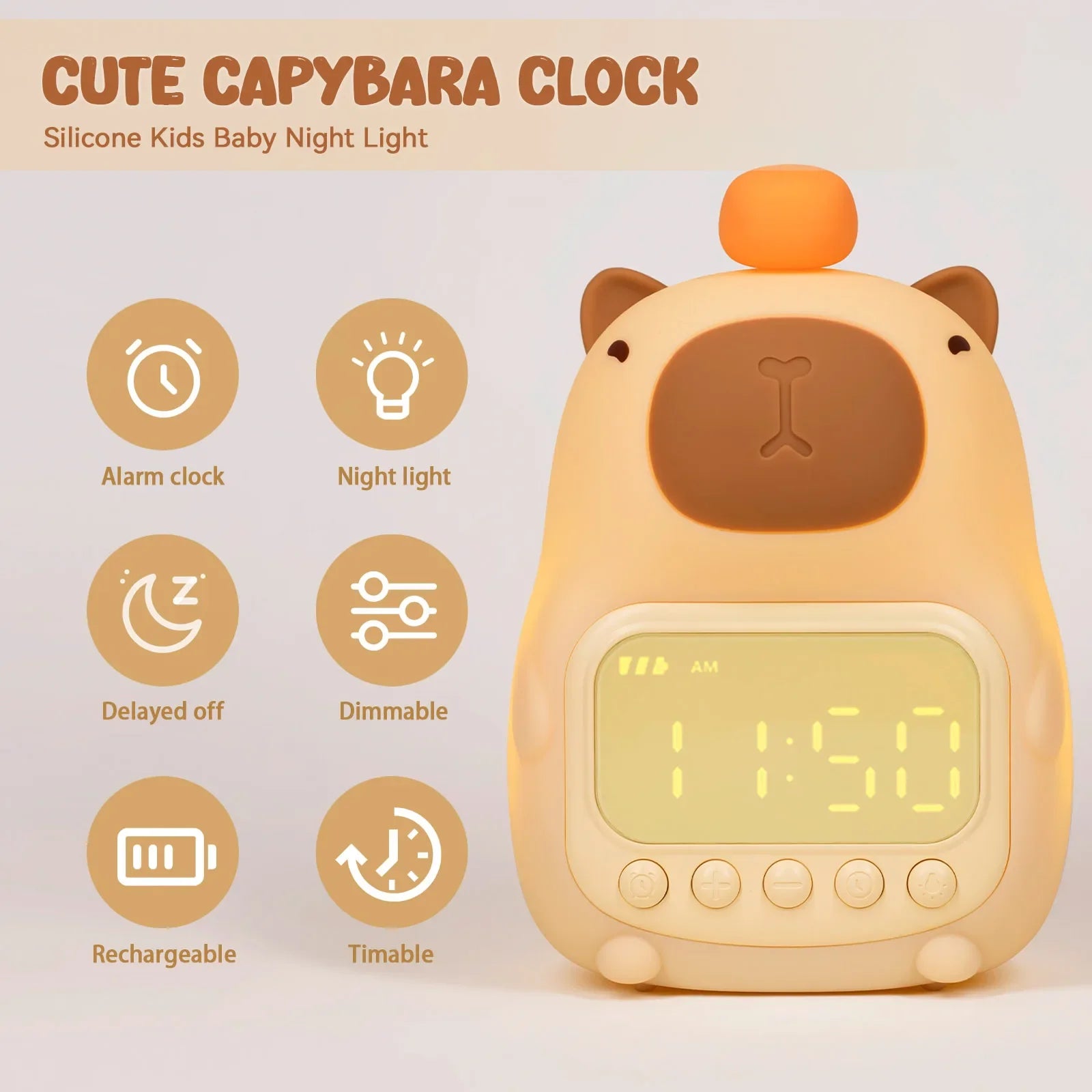 Cute Capybara Night Light Rechargable Digital Alarm Clock Night Lamp Touch Snooze Desktop Table Light for Gift tableandwalllamps