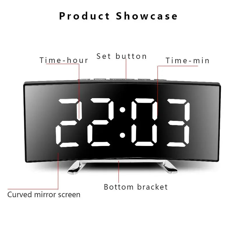 Creative Curved Electronic Clock, LED Large Screen Plug-in Battery Dual-purpose Mirror Alarm Clock, Student Bedroom Dedicated tableandwalllamps