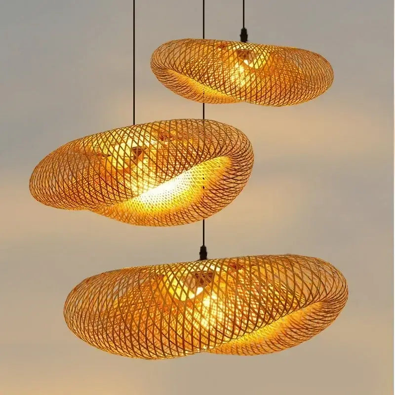 Bamboo Hand Weaving Pendant Light 38cm Hanging LED Ceiling Lamp Chandelier Fixture Rattan Hand Craft Woven Home Bedroom Decor