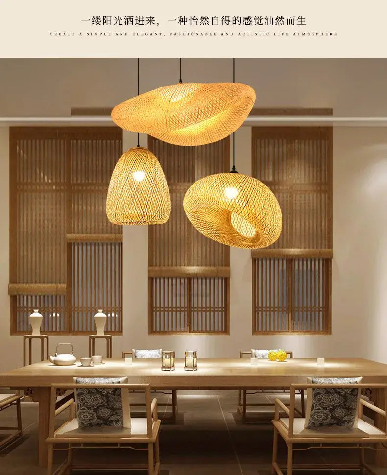 Bamboo Hand Weaving Pendant Light 38cm Hanging LED Ceiling Lamp Chandelier Fixture Rattan Hand Craft Woven Home Bedroom Decor