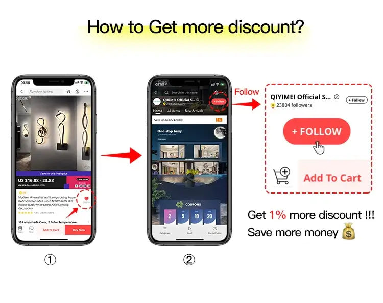 Promotion guide for discounts on QIYIMEI products with mobile app screenshots highlighting the follow option.