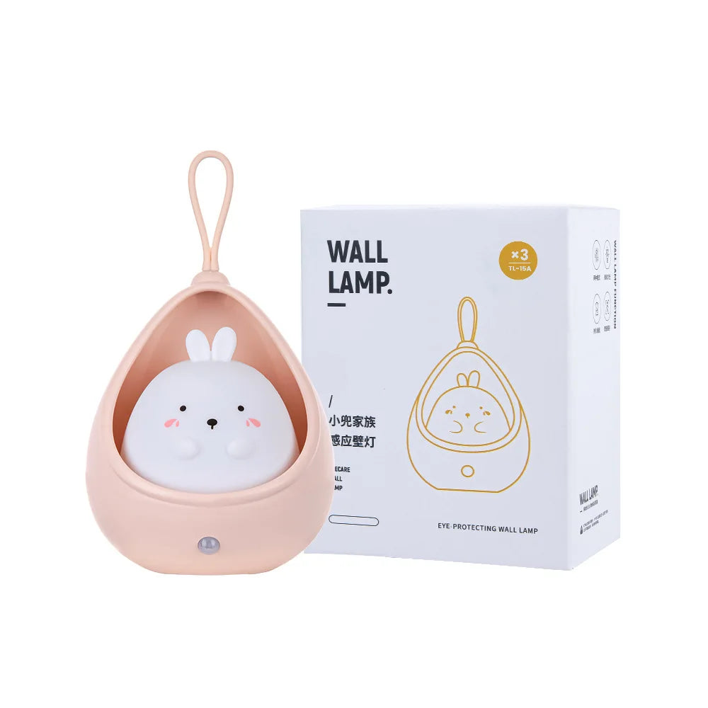 Kids Gift Portable USB Rechargeable Warm White Cute Little Rabbit Cat Motion Sensor LED Wall Night Lamp Light with Hanging Rope tableandwalllamps