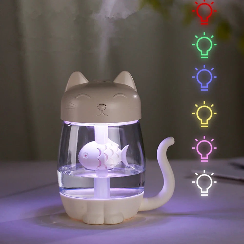 350ML Cat Air Humidifier - Color LED Light - Ultrasonic Cat Eat Fish USB Aroma Diffuser tableandwalllamps