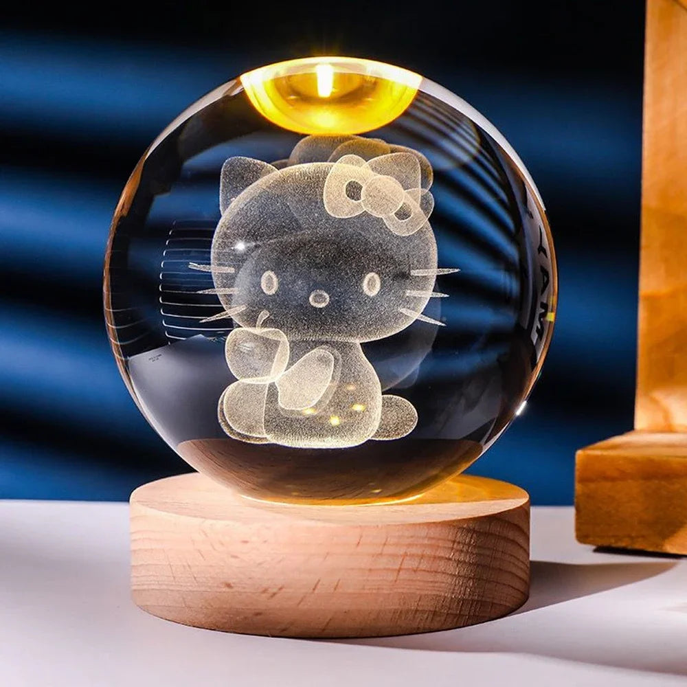 6cm 3D Crystal Ball Pikachu Stitch Doraemon A Dream Hello Kitty Crystal Planet Night Light Laser Carving Children's Gifts tableandwalllamps