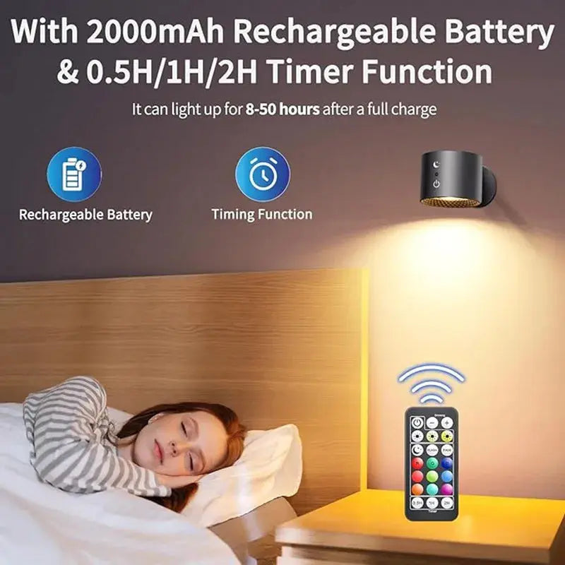 9 Colors 360° Rotation Wall Lamp Mounted Night Lights RGB LED Up Down Remote Rechargeable Wireless Reading Bedroom Lamp tableandwalllamps