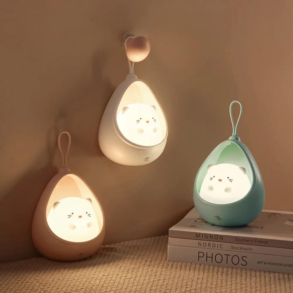 Kids Gift Portable USB Rechargeable Warm White Cute Little Rabbit Cat Motion Sensor LED Wall Night Lamp Light with Hanging Rope tableandwalllamps