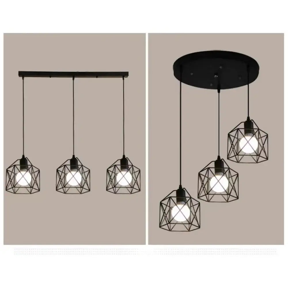 Modern pendant light fixture with black metal geometric shades, ideal for dining or bar areas. Stylish and contemporary design.