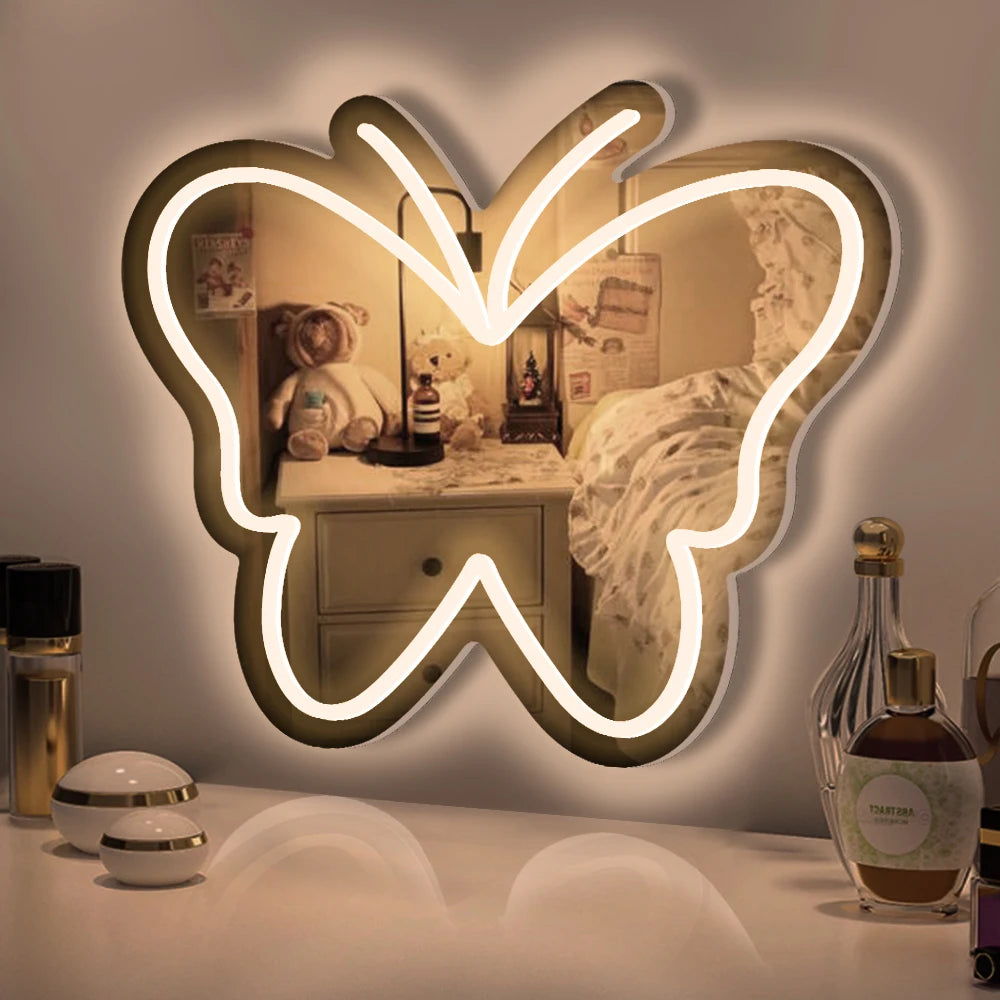 Butterfly Neon Sign for Bedroom, 16x14in Neutral Light Butterfly Mirror Neon Light USB Operated Wall Decor for Living Room, tableandwalllamps